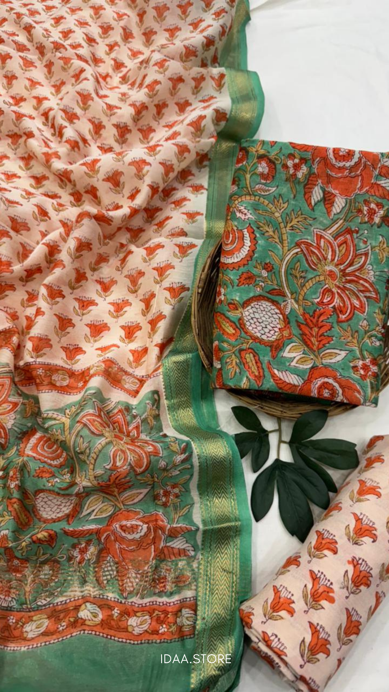 3-Piece Maheshwari Silk Suit Set – Hand Block Printed in Bagru