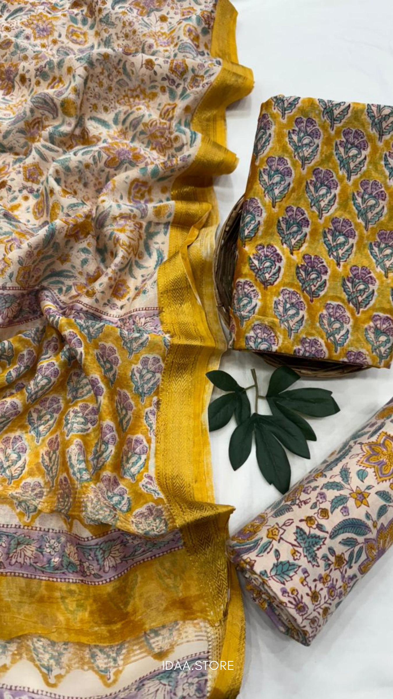 3-Piece Maheshwari Silk Suit Set – Hand Block Printed in Bagru