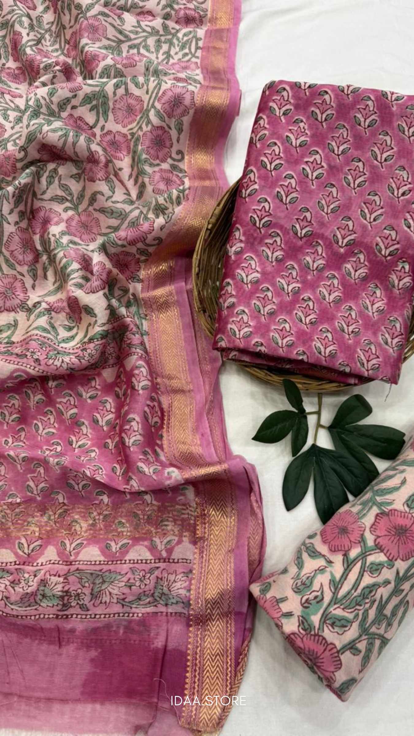 3-Piece Maheshwari Silk Suit Set – Hand Block Printed in Bagru