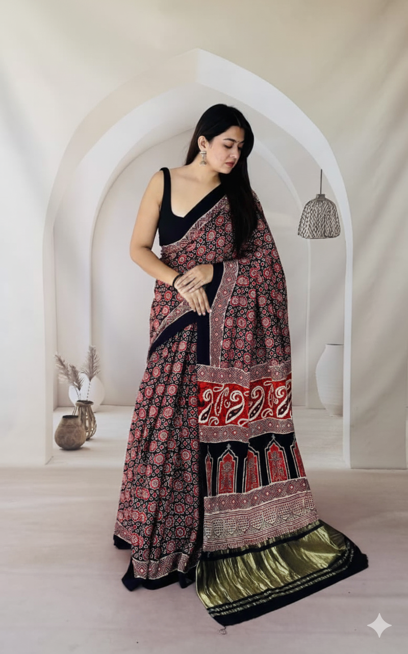 Handblock Printed Ajrakh Modal Silk Saree