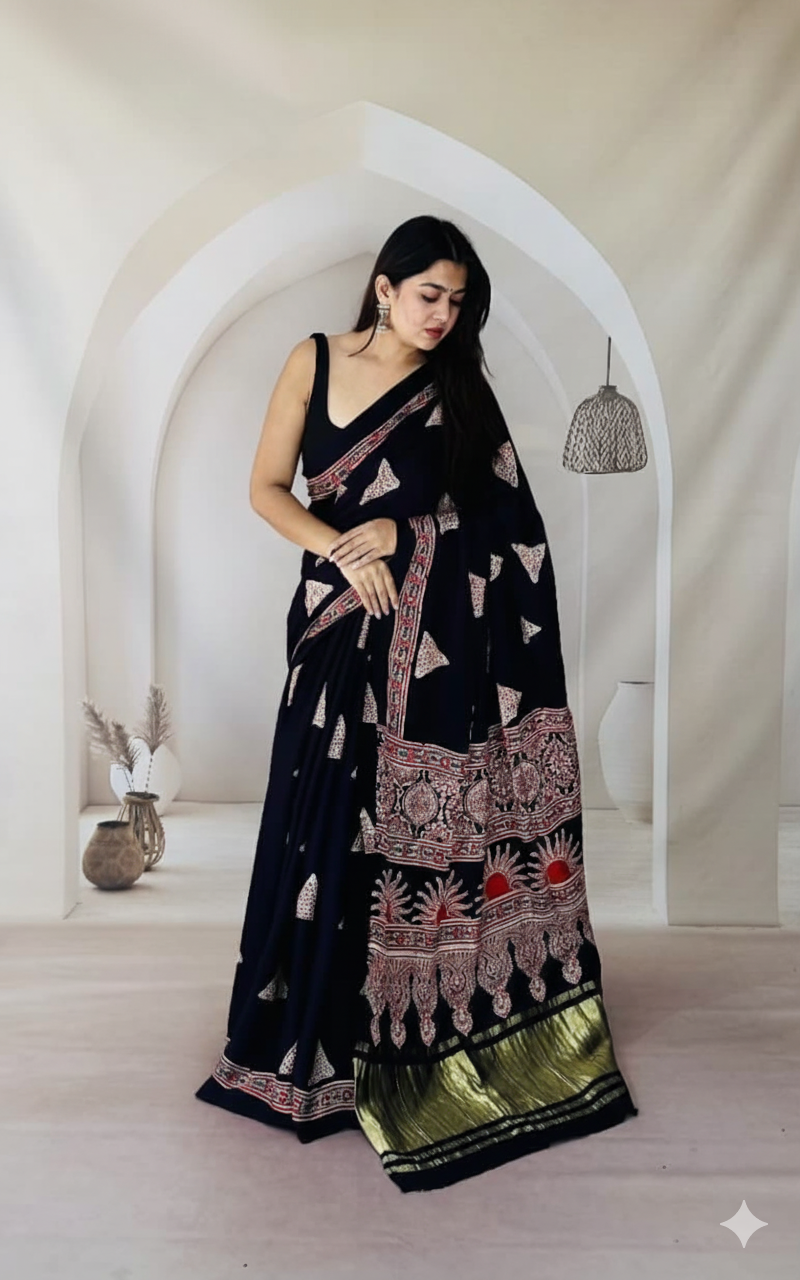 Handblock Printed Ajrakh Modal Silk Saree