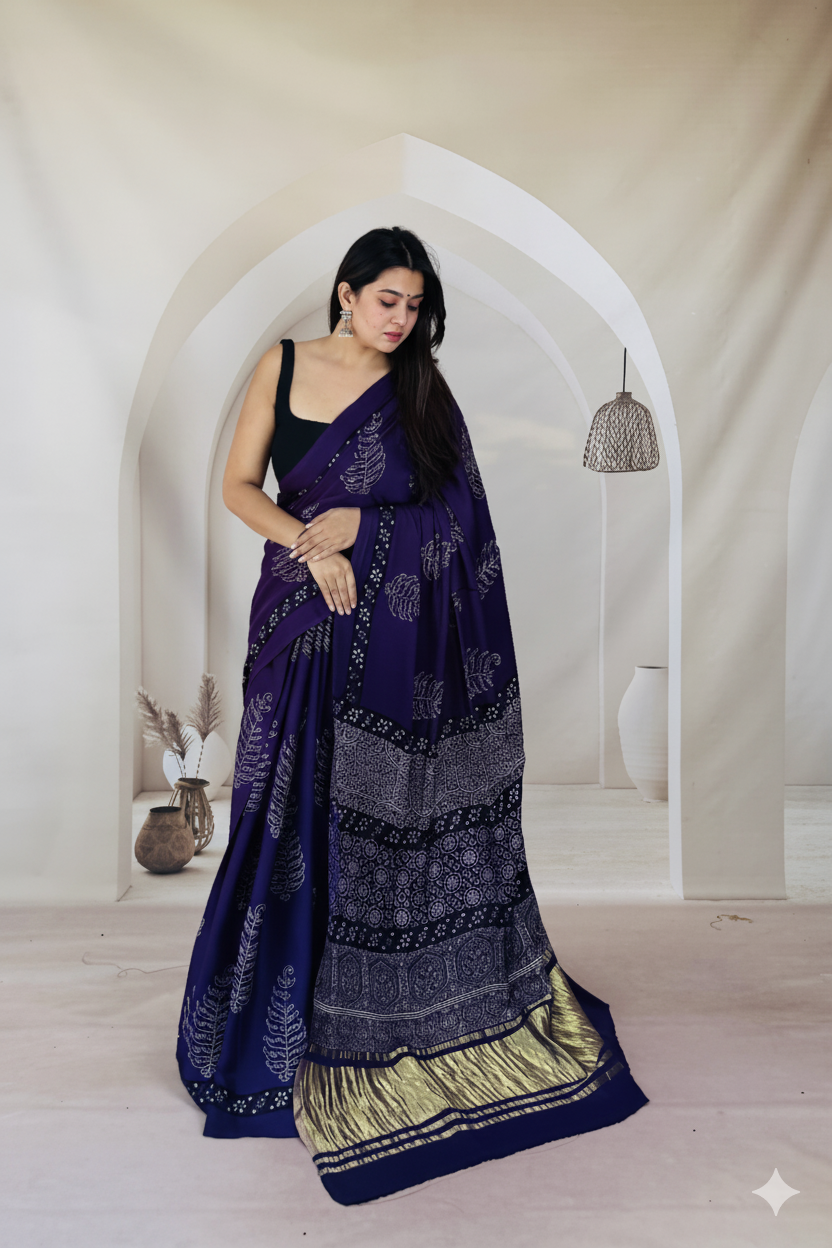 Handblock Printed Ajrakh Modal Silk Saree