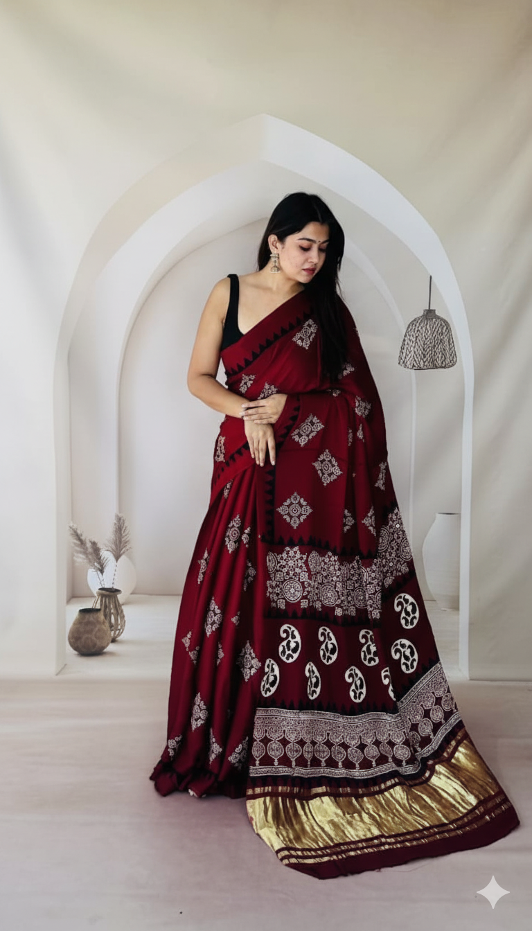 Handblock Printed Ajrakh Modal Silk Saree