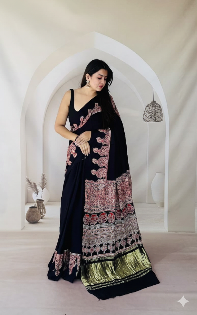 Handblock Printed Ajrakh Modal Silk Saree