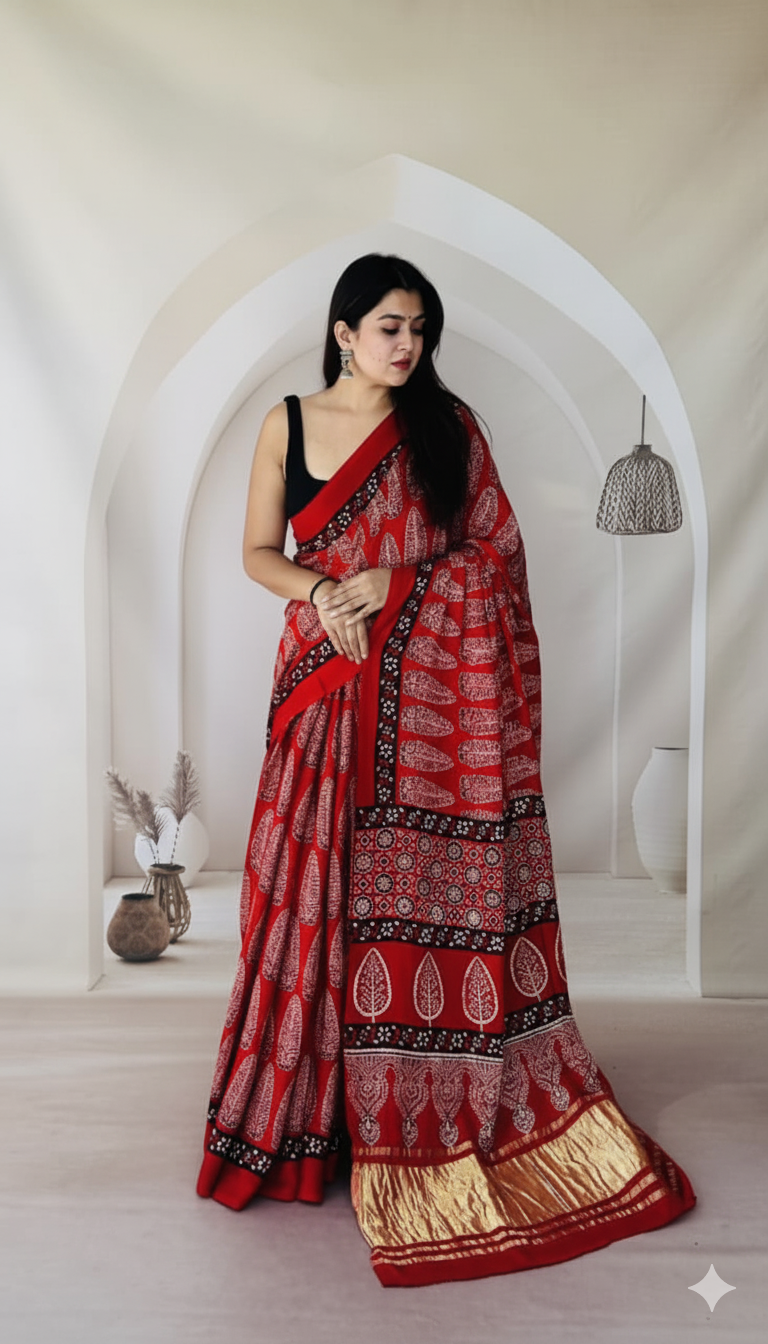 Handblock Printed Ajrakh Modal Silk Saree