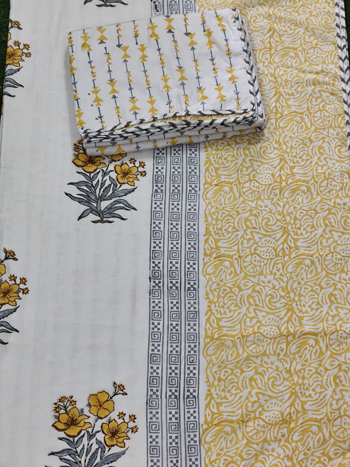 White Yellow Pure Handblock Printed Premium Reversible Dohars – Soft Mulmul from the Heart of Rajasthan