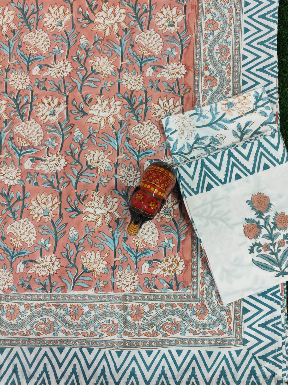 IDAA PINK FLORAL HAND BLOCK PRINTED BEDSHEETS - 90 x 108 ; 300TC PREMIUM QUALITY