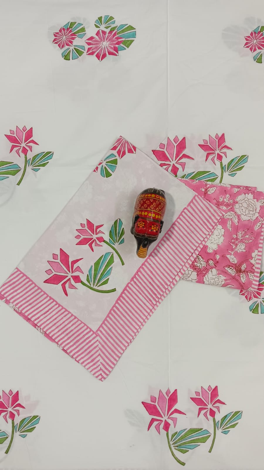 IDAA PINK LOTUS HAND BLOCK PRINTED BEDSHEETS - 90 x 108 ; 300TC PREMIUM QUALITY