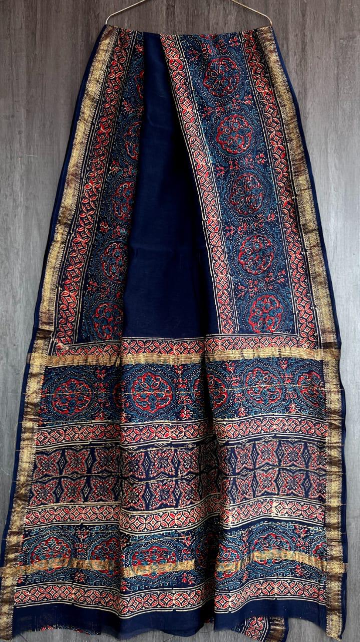 IDAA MAHESWARI SILK HAND CRAFTED -IDAA MAHESWARI SILK HAND CRAFTED -ROYAL BLUE HAND BLOCK AJRAKH PRINTED WITH ZARI BOARDER AND BEAUTIFUL PATTERNED PALLU