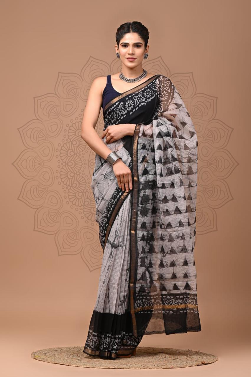 IDAA HAND BLOCK BATIK PATTERN ALL OVER - KOTA DORIA SAREE WITH BLOUSE PIECE