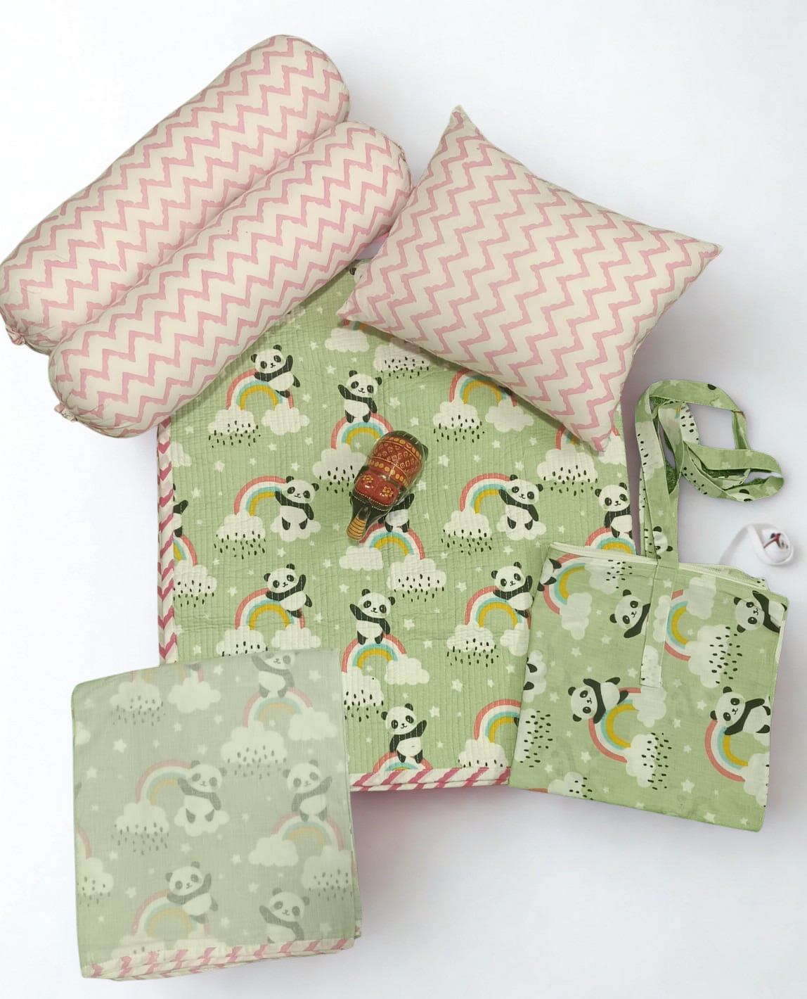 Panda Design Hand Block Printed - Pure Organic Mulmul Baby Bedding