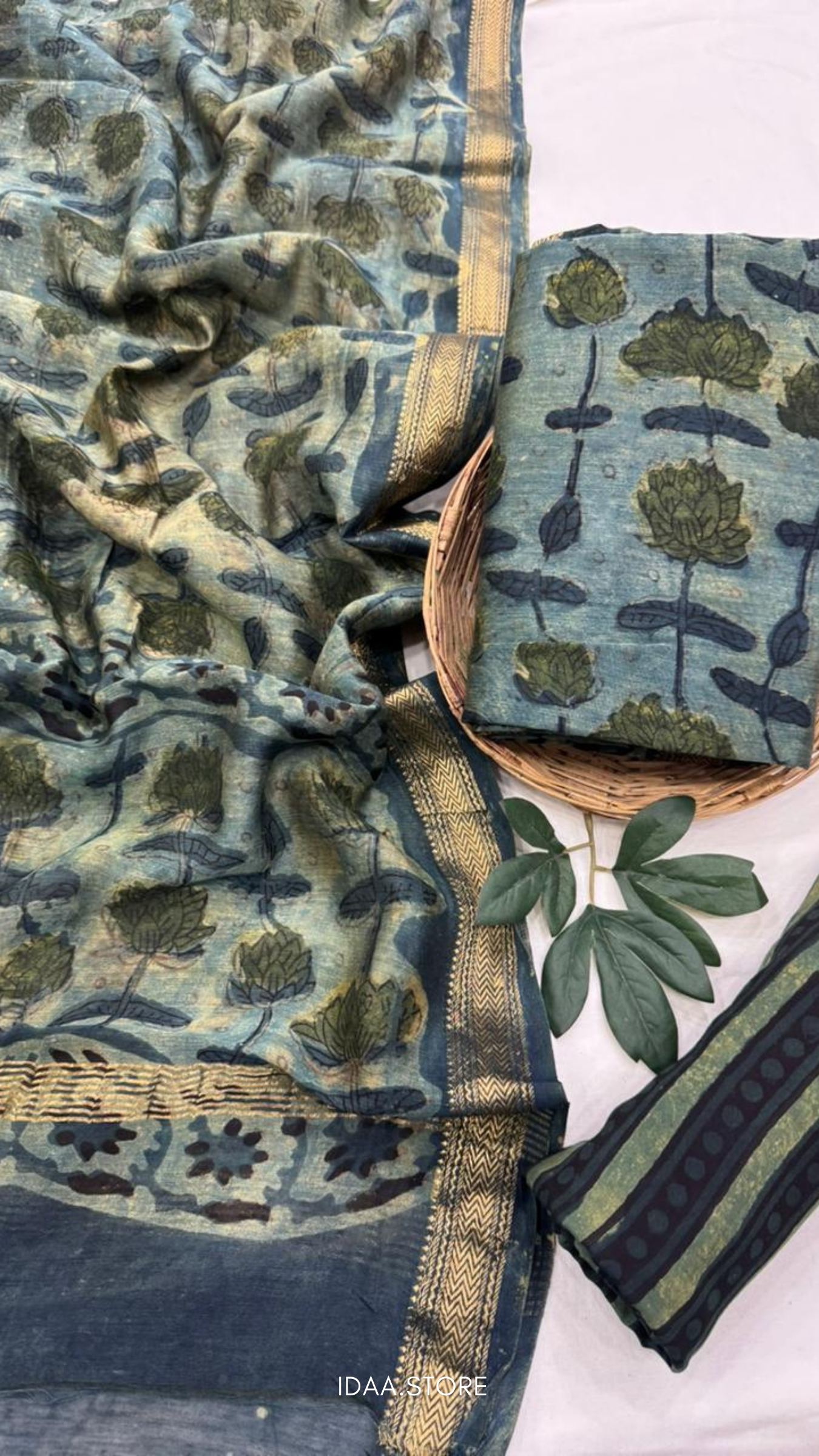 3-Piece Maheshwari Silk Suit Set – Hand Block Printed in Bagru