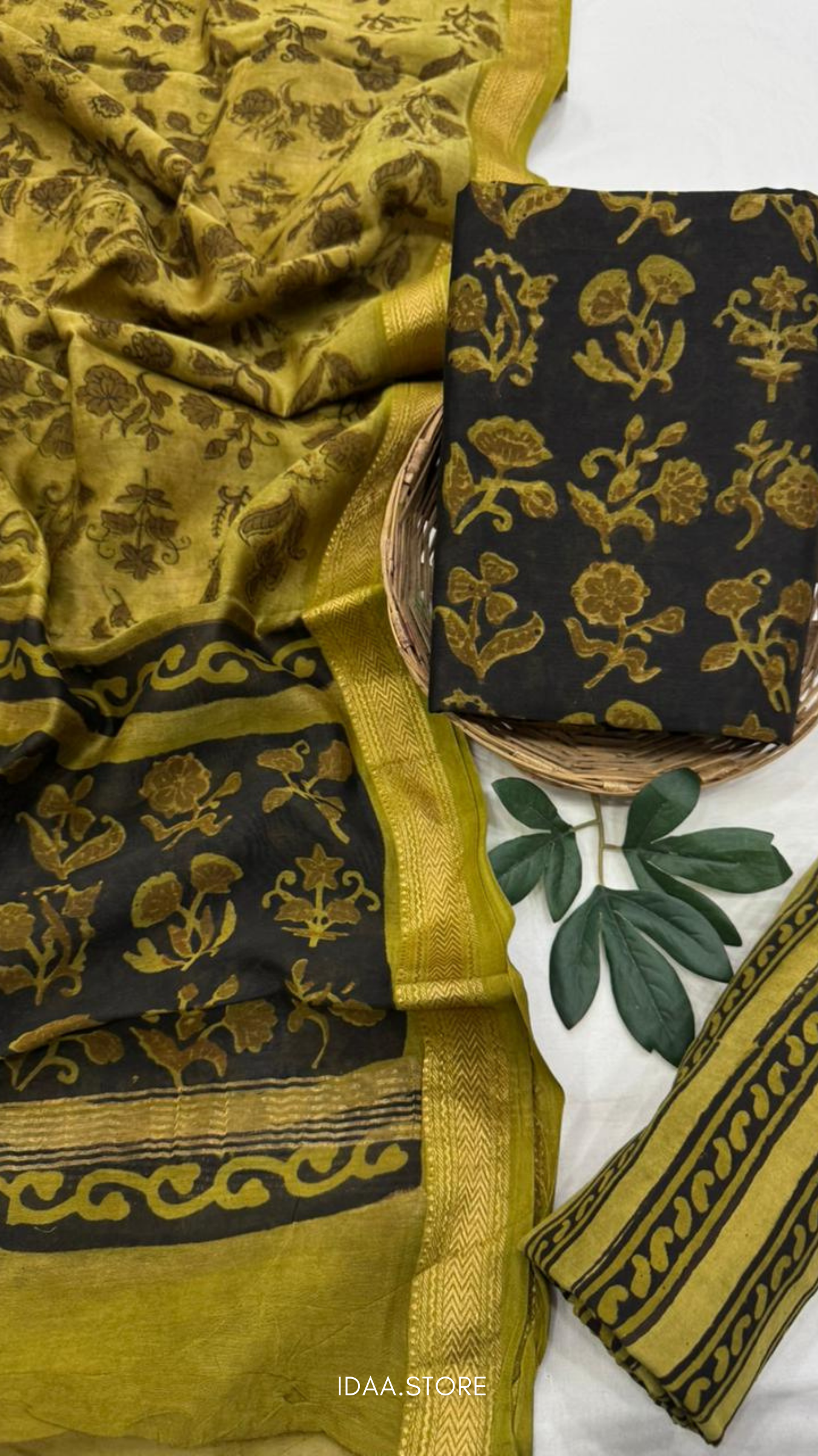 3-Piece Maheshwari Silk Suit Set – Hand Block Printed in Bagru