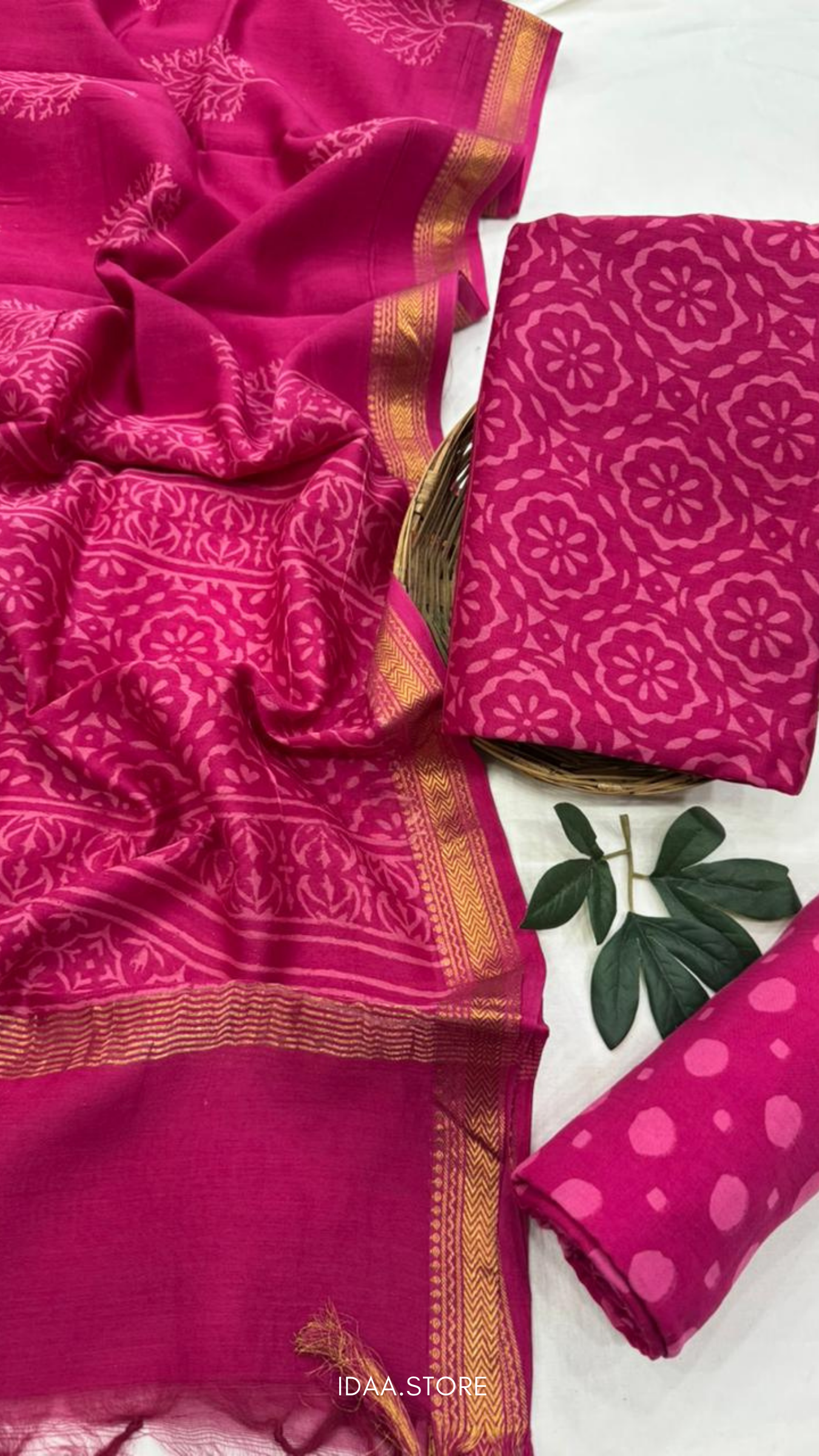 3-Piece Maheshwari Silk Suit Set – Hand Block Printed in Bagru