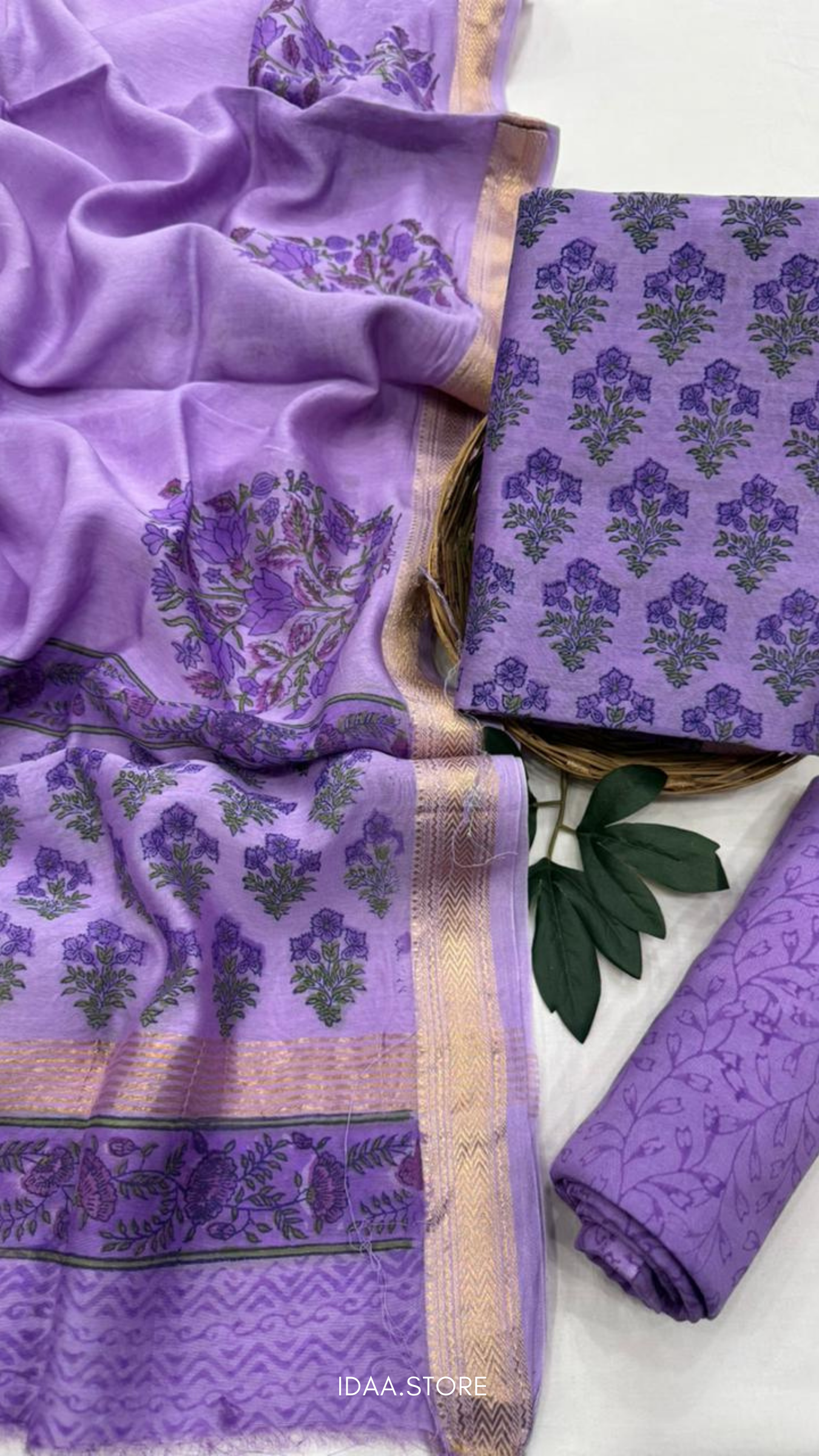 3-Piece Maheshwari Silk Suit Set – Hand Block Printed in Bagru