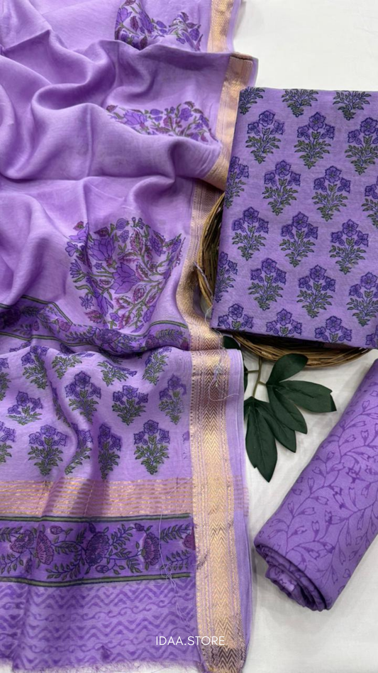 3-Piece Maheshwari Silk Suit Set – Hand Block Printed in Bagru