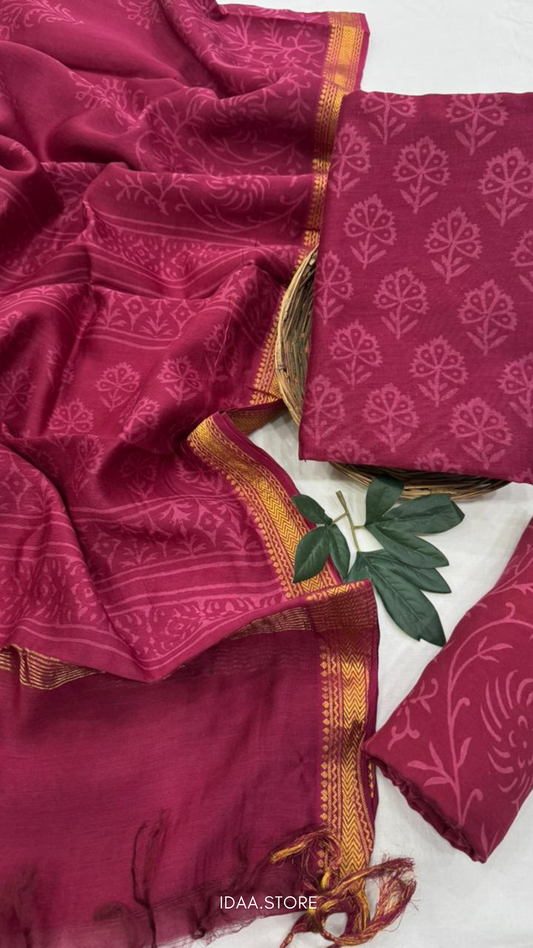 3-Piece Maheshwari Silk Suit Set – Hand Block Printed in Bagru