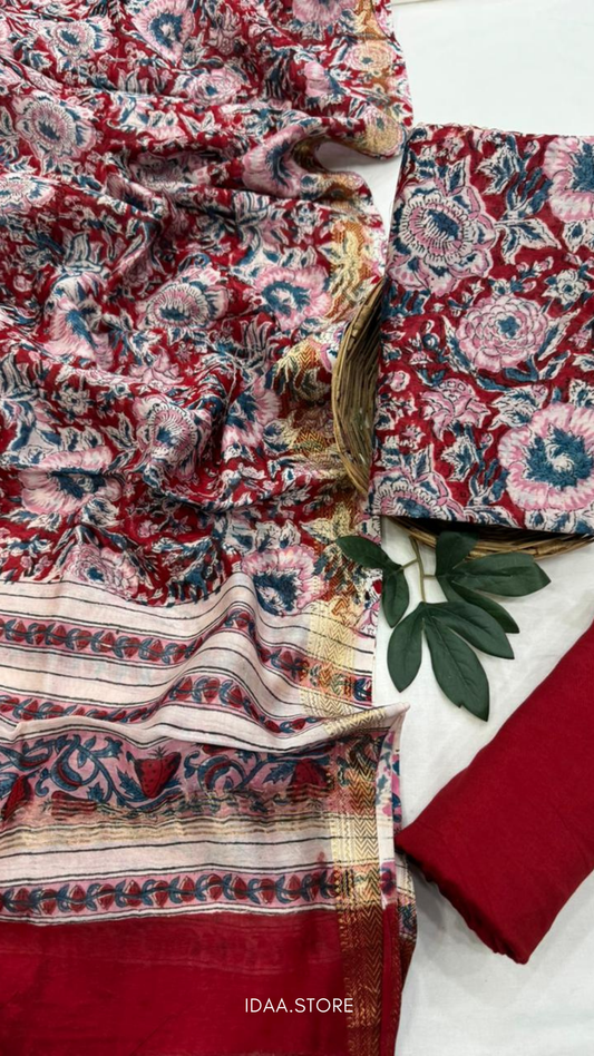 3-Piece Maheshwari Silk Suit Set – Hand Block Printed in Bagru