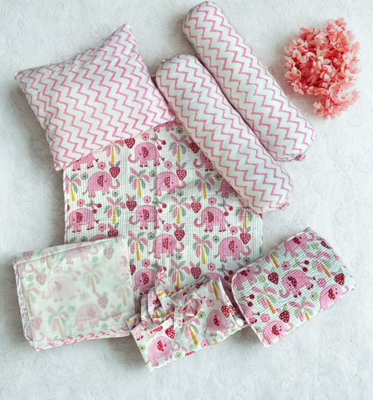 Pink Elephant Handblock Printed - Pure Organic Mulmul Baby Bedding