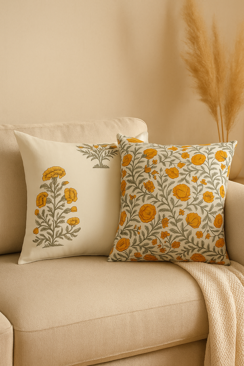 Yellow Phool Hand Block Printed Cushion Cover – Crafted in Rajasthan