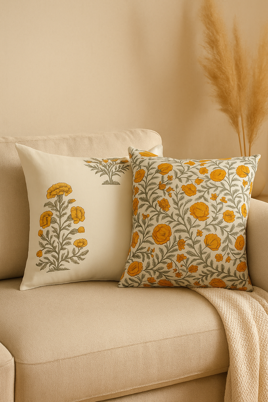 Yellow Phool Hand Block Printed Cushion Cover – Crafted in Rajasthan
