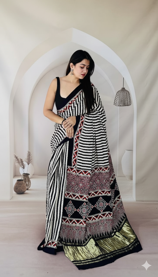 Handblock Printed Ajrakh Modal Silk Saree