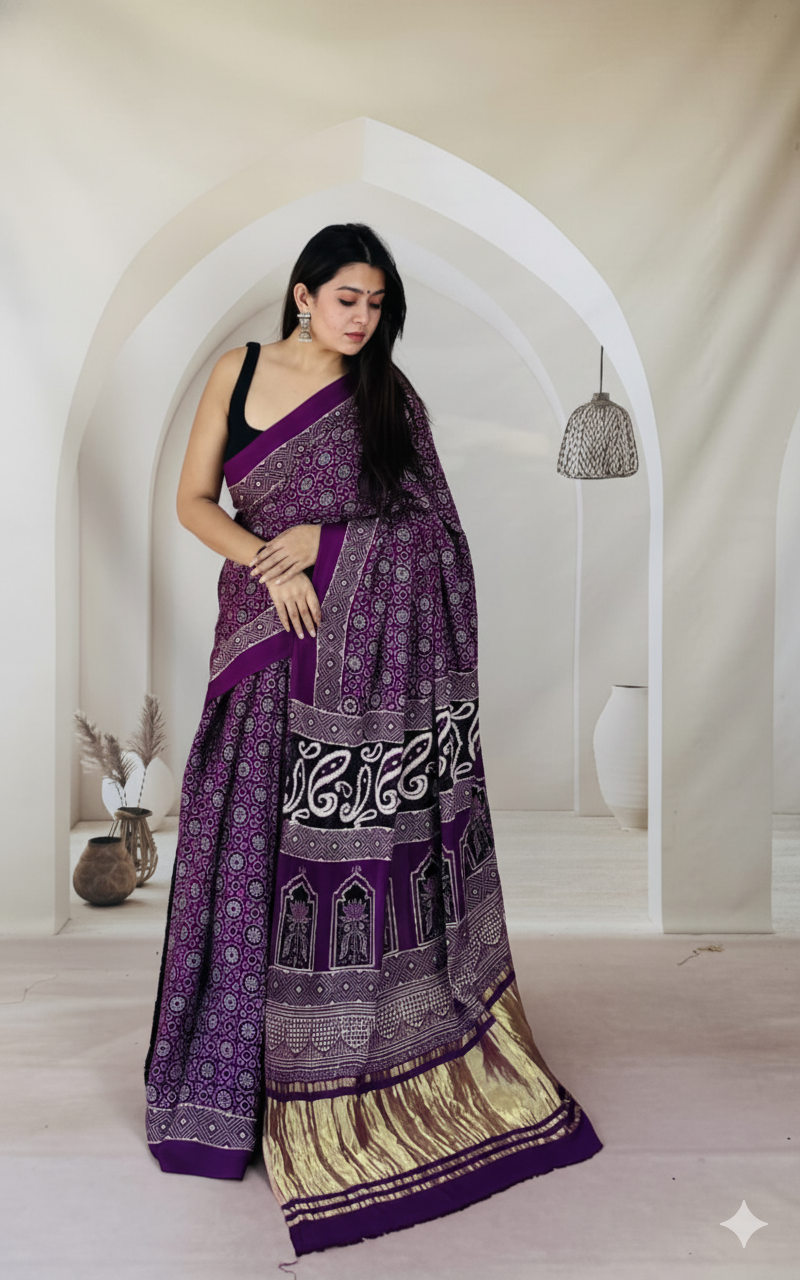 Handblock Printed Ajrakh Modal Silk Saree