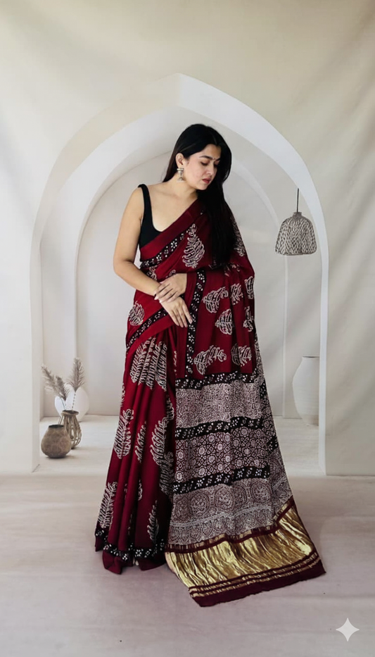 Handblock Printed Ajrakh Modal Silk Saree