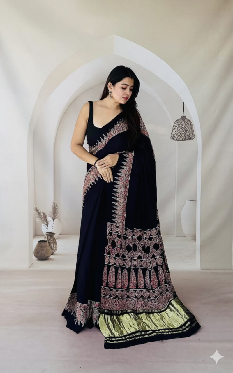 Handblock Printed Ajrakh Modal Silk Saree