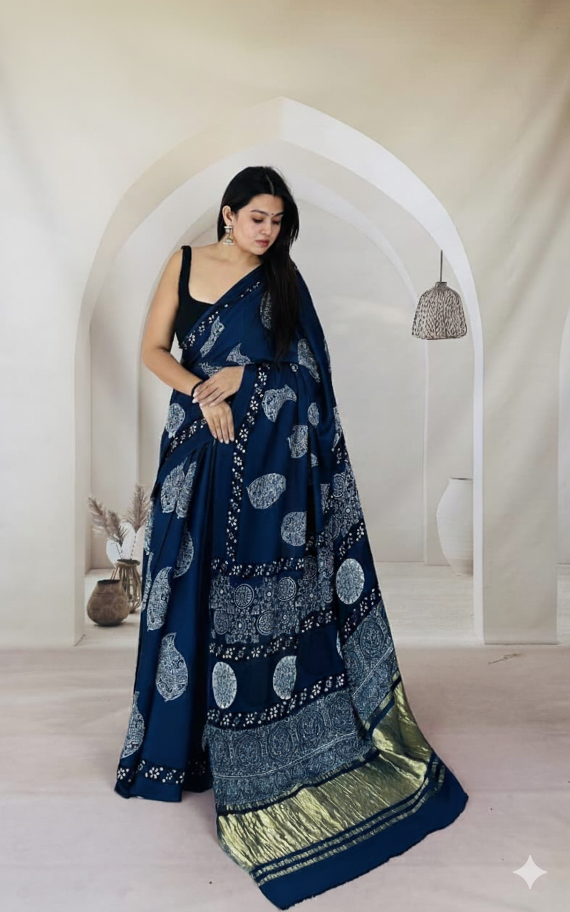 Handblock Printed Ajrakh Modal Silk Saree