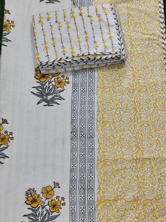 White Yellow Pure Handblock Printed Premium Reversible Dohars – Soft Mulmul from the Heart of Rajasthan