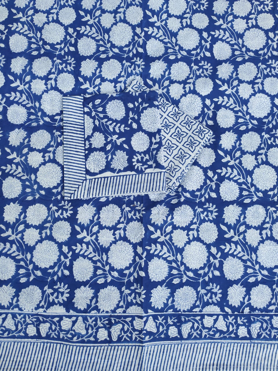 IDAA BLUE FLORAL HAND BLOCK PRINTED BEDSHEETS - 90 x 108 ; 300TC PREMIUM QUALITY