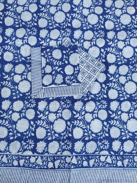 IDAA BLUE FLORAL HAND BLOCK PRINTED BEDSHEETS - 90 x 108 ; 300TC PREMIUM QUALITY