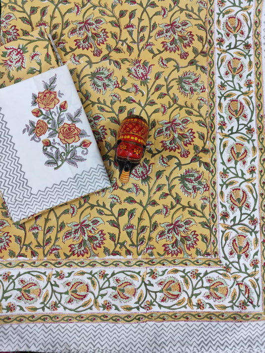 IDAA YELLOW FLORAL HAND BLOCK PRINTED BEDSHEETS - 90 x 108 ; 300TC PREMIUM QUALITY