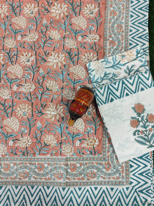 IDAA PINK FLORAL HAND BLOCK PRINTED BEDSHEETS - 90 x 108 ; 300TC PREMIUM QUALITY