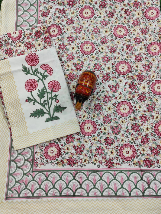IDAA PINK FLORAL HAND BLOCK PRINTED BEDSHEETS - 90 x 108 ; 300TC PREMIUM QUALITY