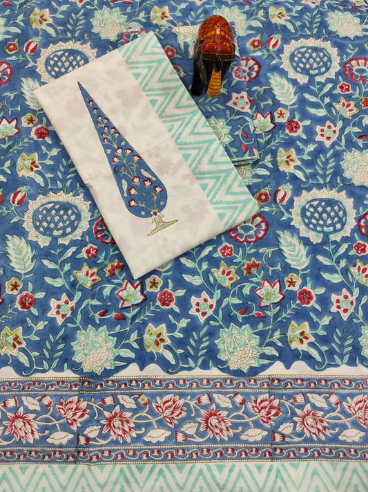IDAA BLUE FLORAL HAND BLOCK PRINTED BEDSHEETS - 90 x 108 ; 300TC PREMIUM QUALITY