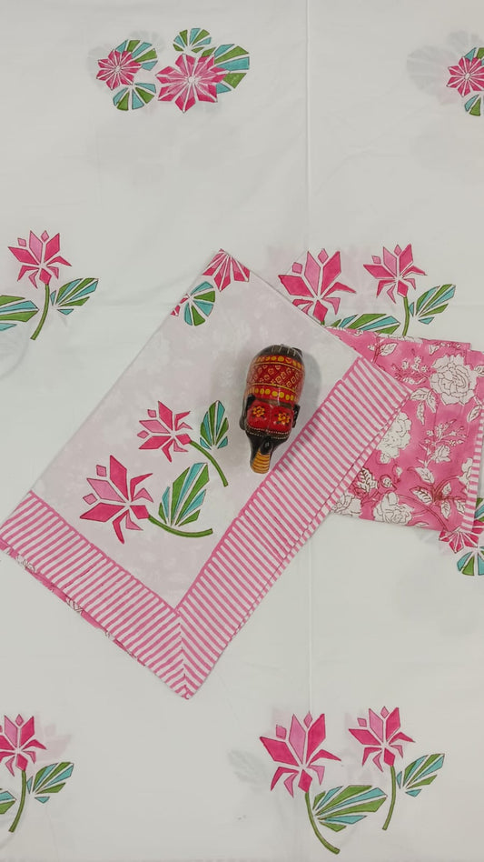 IDAA PINK LOTUS HAND BLOCK PRINTED BEDSHEETS - 90 x 108 ; 300TC PREMIUM QUALITY