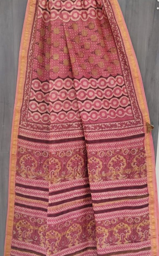 ⁠Pink GeoPhool - Vanaspati Maheswari Collection Dabu Print of Bagru