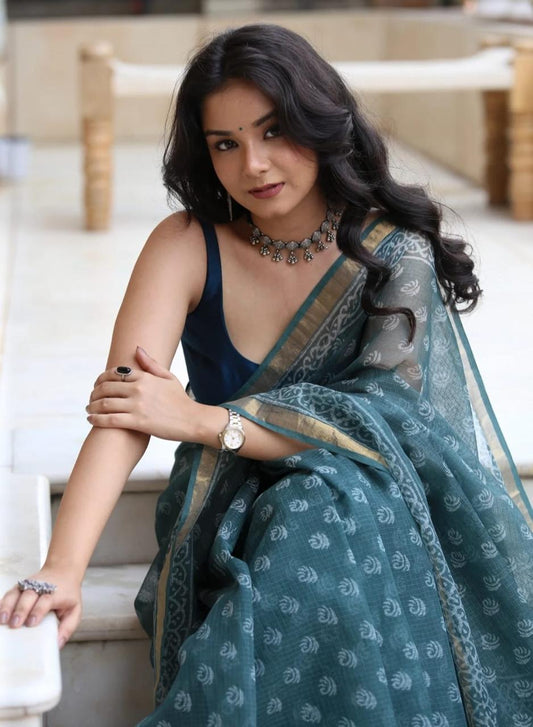 IDAA INDIGO HAND BLOCK PRINTED - KOTA DORIA SAREE WITH BLOUSE PIECE