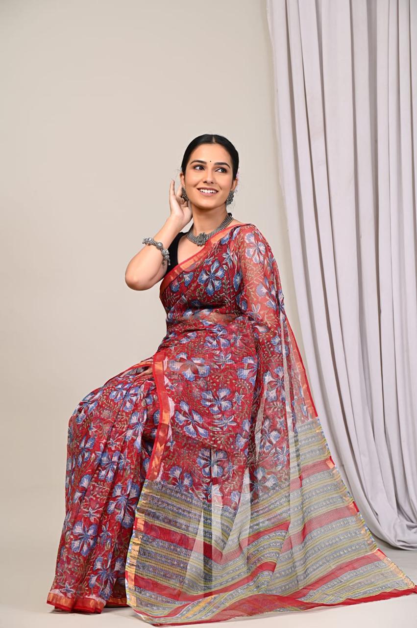 IDAA OFF PINK BLUE FLORAL- HAND BLOCK PRINT KOTA DORIA SAREE WITH BLOUSE PIECE