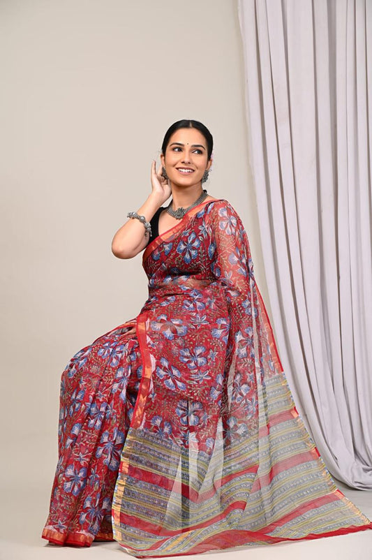 IDAA OFF PINK BLUE FLORAL- HAND BLOCK PRINT KOTA DORIA SAREE WITH BLOUSE PIECE