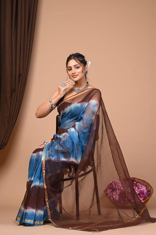 IDAA BLUE BROWN HAND TIE & DYE -  KOTA DORIA SAREE WITH BLOUSE PIECE