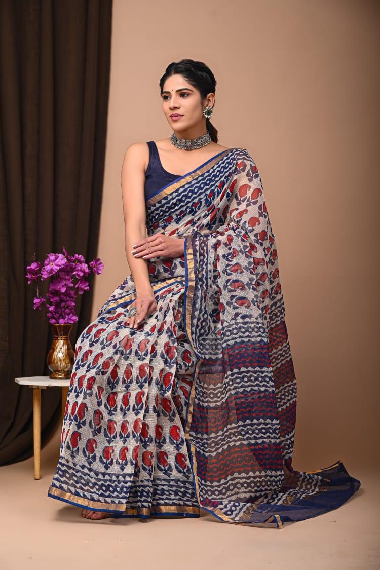 IDAA WHITE BASE PAISLEY HAND BLOCK PRINT KOTA DORIA SAREE WITH BLOUSE PIECE