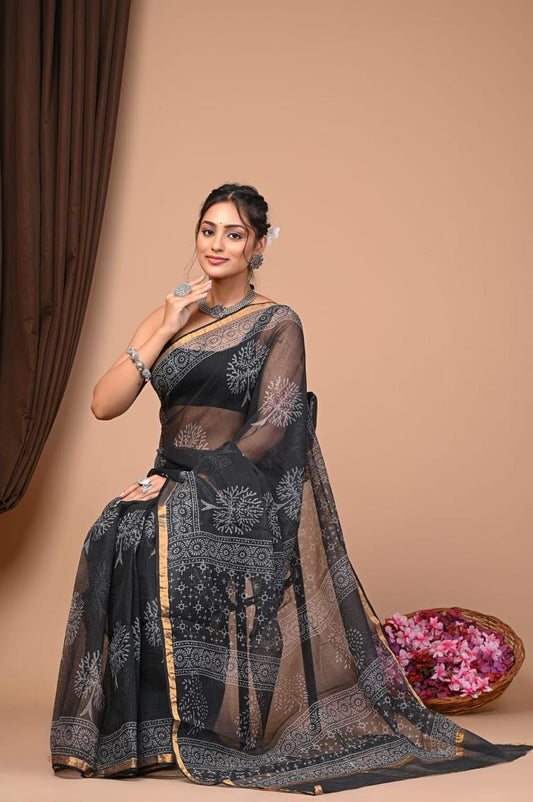IDAA GREY WITH WHITE FLORAL- HAND BLOCK PRINT KOTA DORIA SAREE WITH BLOUSE PIECE