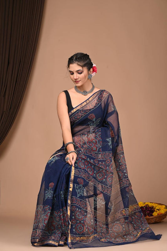 IDAA  RED & BLUE  HAND BLOCK PRINT KOTA DORIA SAREE WITH BLOUSE PIECE