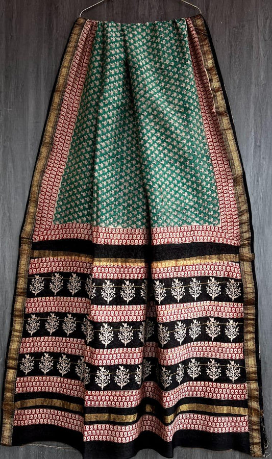 IDAA SOFT GREEN MAHESWARI SILK - HAND BLOCK PRINTED WITH ZARI BOARDER AND BEAUTIFUL PATTERNED PALLU
