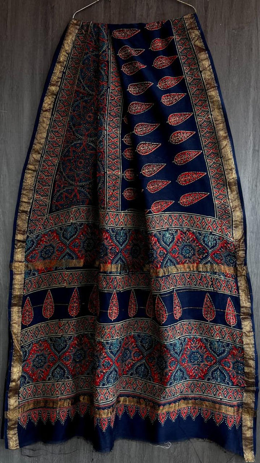 IDAA MAHESWARI SILK HAND CRAFTED-ROYAL BLUE HAND BLOCK AJRAKH PRINTED WITH ZARI BOARDER