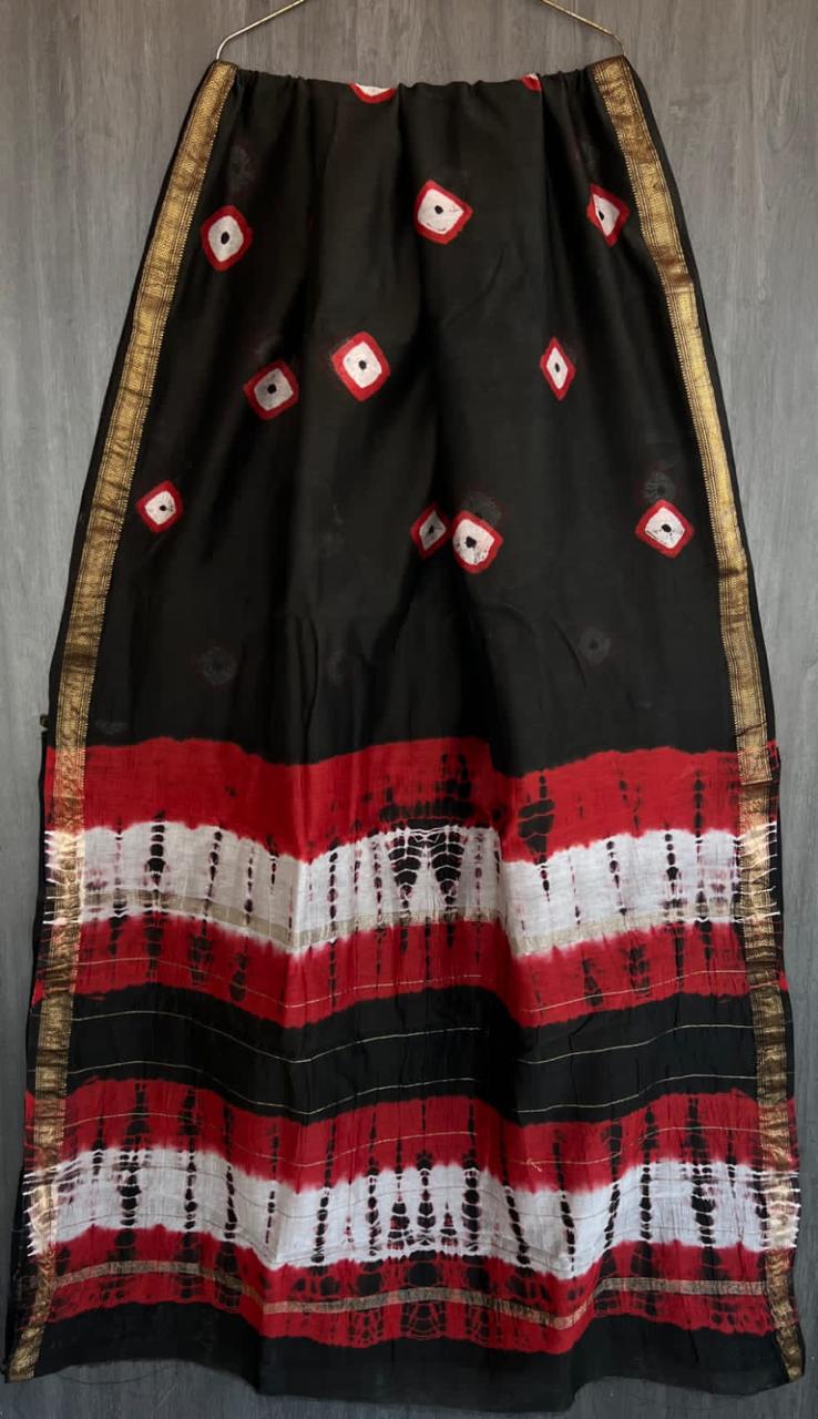 IDAA MAHESWARI SILK HAND CRAFTED - BLACK & RED BANDHEJ WITH ZARI BOARDER & BEAUTIFUL TIED & DYED PALLU