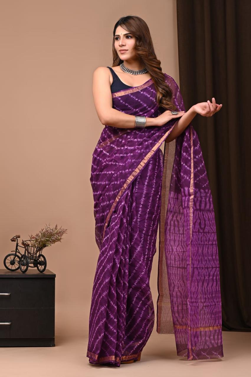 IDAA BRINJAL COLOURED HAND TIE DYE LEHERIYA PATTERN ALL OVER - KOTA DORIA SAREE WITH BLOUSE PIECE